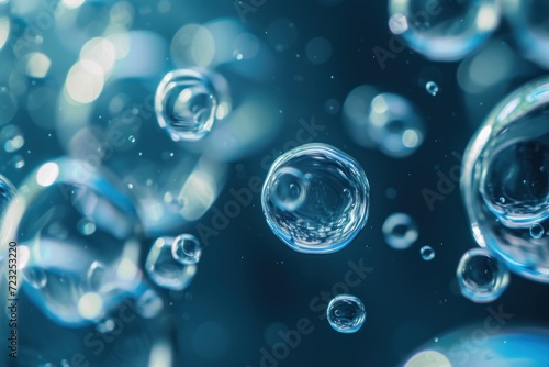 Blue round bubbles resembling hyaluronic acid in a transparent liquid with shallow field depth