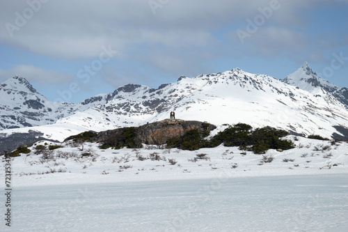 Obraz na płótnie People doing winter trekking, snowy Andes mountains. Ushuahia, Patagonia w salonie