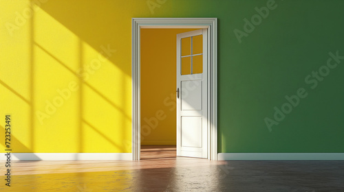 green, yellow background with double doors opening. Architectural design element. Modern minimal concept. © PT