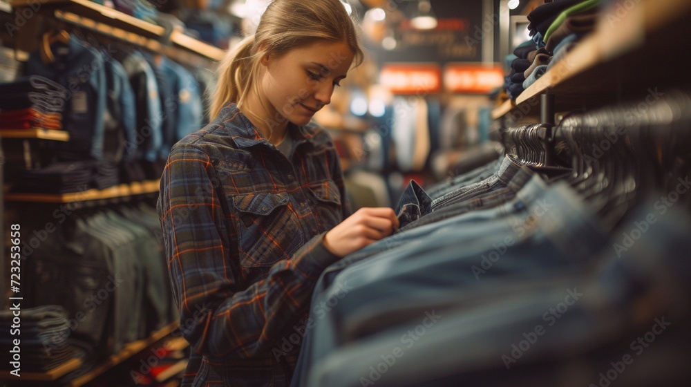 Young Woman Browsing Through Clothes at a Denim Store