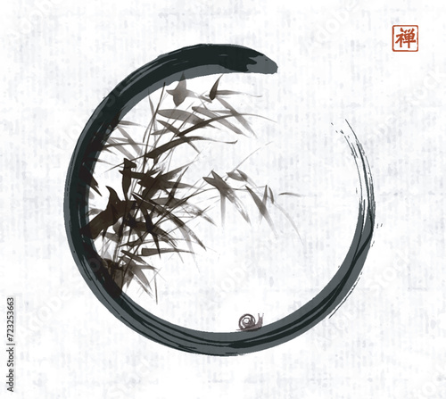 Ink wash painting of bamboo and small snail in black enso zen circle on rice paper background. Traditional oriental ink painting sumi-e, u-sin, go-hua. Translation of hieroglyph - zen