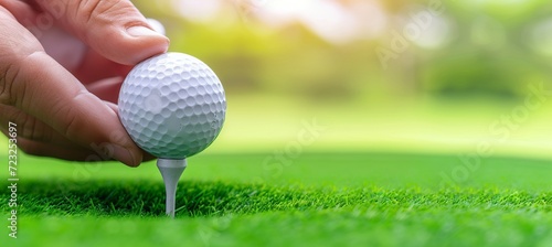 Scenic golf course with perfectly placed golf ball on tee panoramic view with copy space
