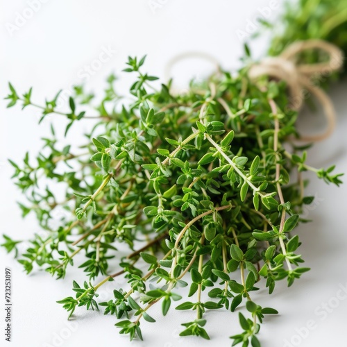 Bunch of fresh thyme on white wooden table