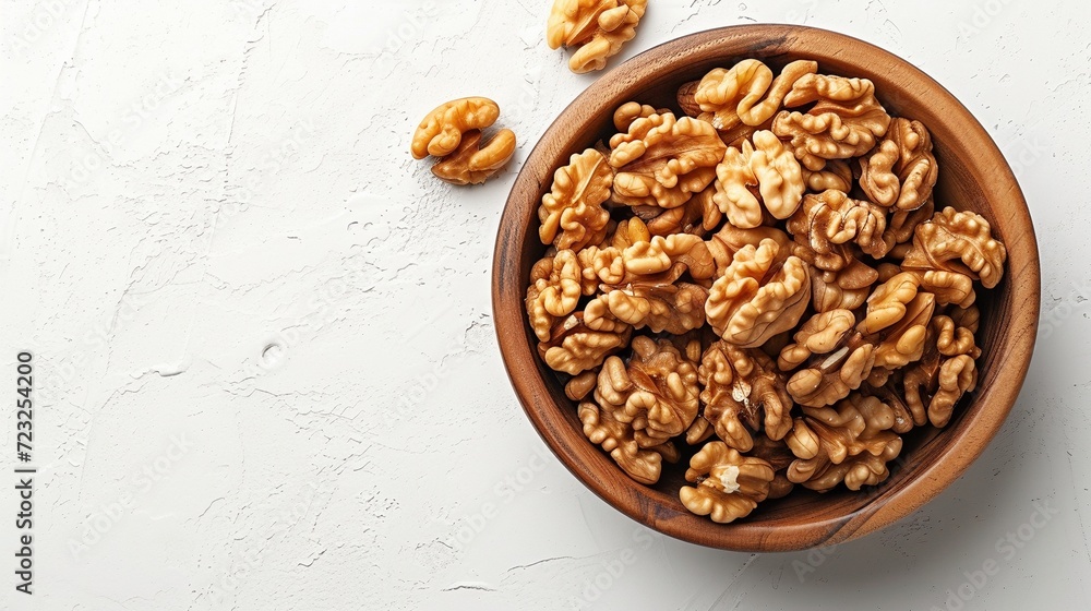 Fresh Walnuts in Wooden Bowl on Textured White Background Fresh Walnuts in Wooden Bowl on Textured White Background