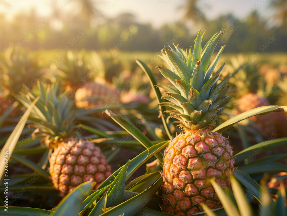 Golden hour sunlight shining on pineapples in a tropical farm. Golden hour sunlight shining on pineapples in a tropical farm.