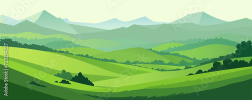 Beautiful landscape of summer green meadows  fields with trees and hills against the backdrop of mountains. Vector panoramic landscape in flat style for design.
