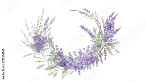Watercolor eucalyptus leaves and violet lavender flower background
