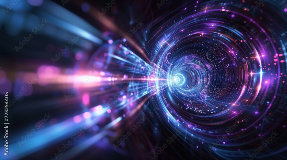Cosmic background, blue and purple light lines converge into a black hole Cosmic background, blue and purple light lines converge into a black hole