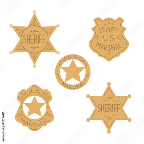 Set of retro sheriff stars. Wild west police officer emblem. Justice Sign