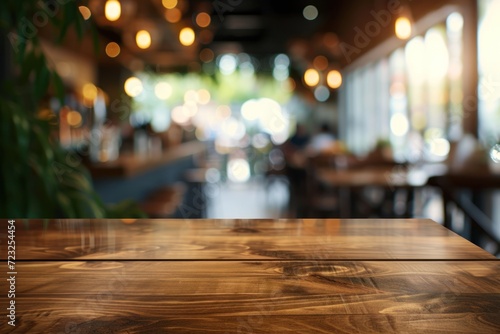 Blurred cafe and restaurant backdrop behind a wooden table