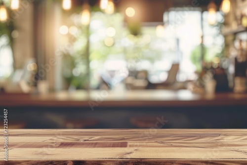 Blurred coffee shop background with blank menu board on wooden table