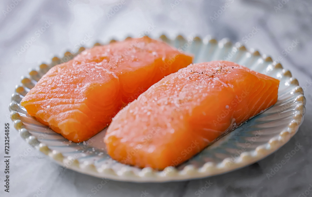 Fresh raw salmon fillet on plate. Homemade cooking salmon, serving food for restaurant, menu, advert or package, close up, selective focus Fresh raw salmon fillet on plate. Homemade cooking salmon, serving food for restaurant, menu, advert or package, close up, selective focus