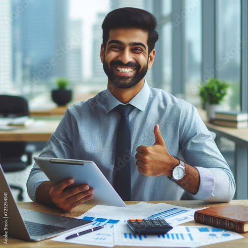 Asian Indian guy happily finishing his report in the office, capturing a moment of productivity and contentment