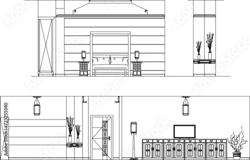 Vector sketch illustration of traditional Chinese ethnic room interior design