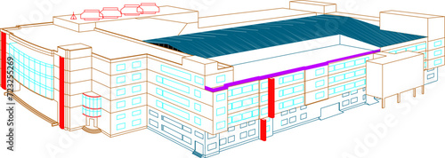 Vector sketch illustration of the architectural design of a multi-storey hotel mall building