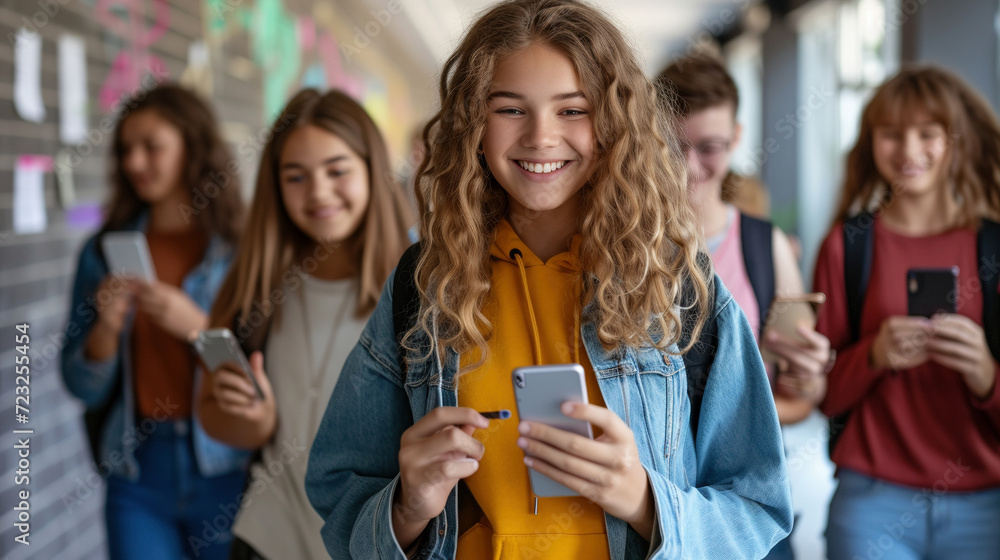Happy teenage girl with curly hair texting on phone with group of friends in background. Happy teenage girl with curly hair texting on phone with group of friends in background.