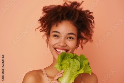 Beautiful healthy young girl smiling and holding a green salad leaf next to her face, healthy eating concept on peach background with space for your text