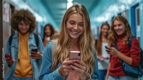 Smiling Teenage Girl with Friends Using Smartphones in School Hallway © swissa