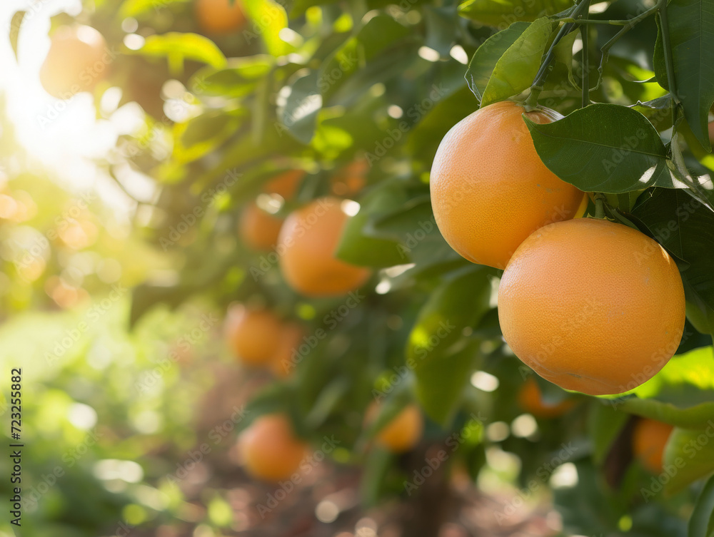 Ripe grapefruits hanging on a sunlit tree in a farm.