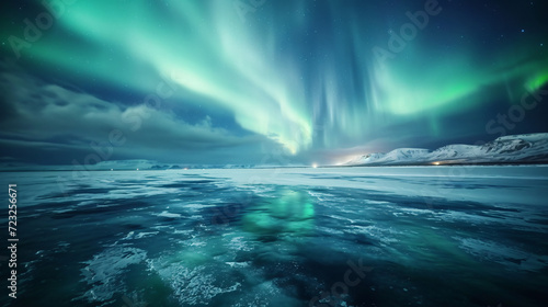 A frozen lake under the northern lights.