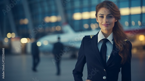 Smiling stewardess on runway near airplane jet. blur of modern passenger plane.cropped image of woman with crossed arms wear uniform and glasses. civil commercial aviation. air travel concept photo