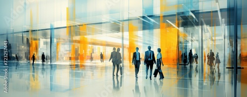 Dynamic image of silhouettes of businesspeople walking inside a contemporary office with reflective surfaces.