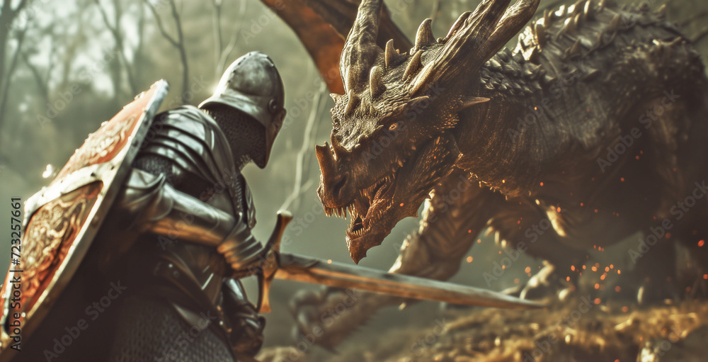 Tense moment as a brave armored medieval knight faces off against a ...
