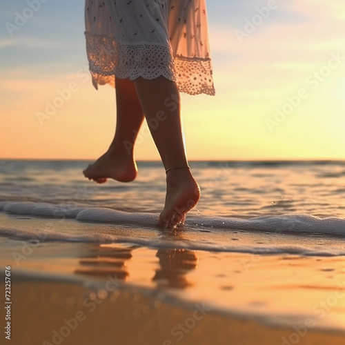 Woman walking on the beach. Seaside Solitude: The Beauty of a Woman's Beach Walk © Amna