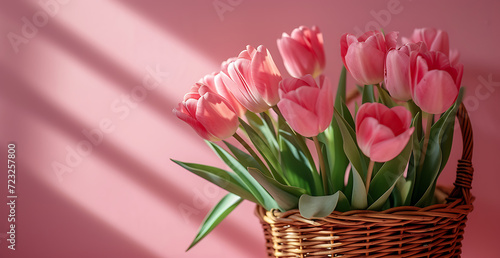 pink tulips in a basket against a pink wall in © Dolphine