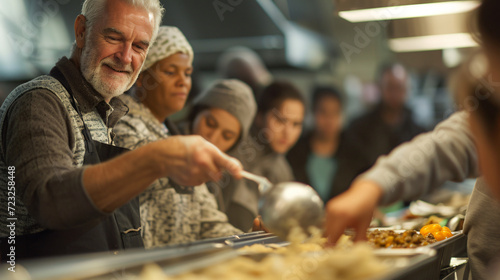 A group of volunteers serving food at a homeless shelter. photo