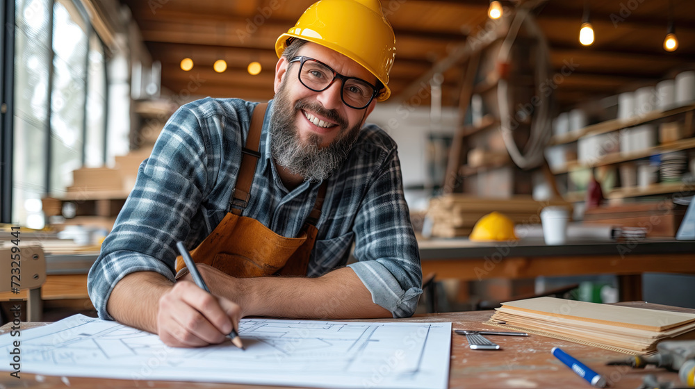 The architect is happy with his work. Designing inside the house with blueprint and pencil The architect is happy with his work. Designing inside the house with blueprint and pencil
