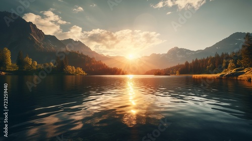 Sun shinning through the mountains and the lake