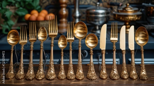  a group of gold colored spoons and forks lined up in a row on a table with other gold colored spoons and forks lined up in a row in a row.