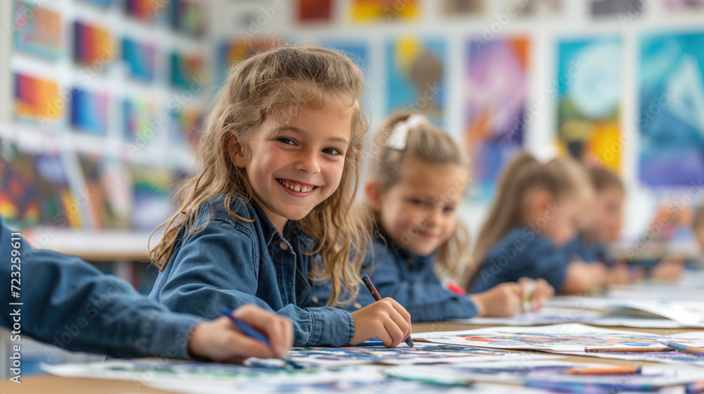 students in art class Having fun creating art on paper. Art and creativity in the primary school classroom.