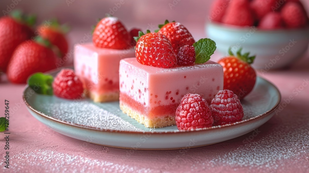 a white plate topped with a piece of cake covered in raspberries and topped with a slice of cake on top of a plate next to a bowl of strawberries. a white plate topped with a piece of cake covered in raspberries and topped with a slice of cake on top of a plate next to a bowl of strawberries.