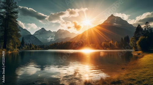 Sun shinning through the mountains and the lake photo