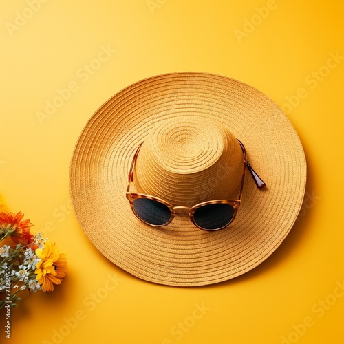 Flat lay composition with beach accessories on color background.