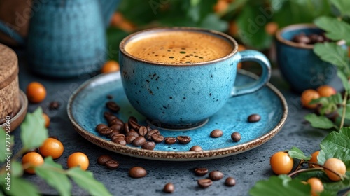  a cup of coffee sitting on top of a blue saucer next to a plate filled with coffee beans and a cup of coffee next to a jar of coffee beans.