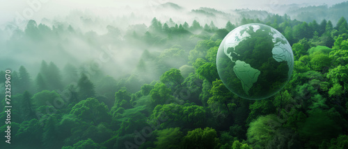 Fototapeta Naklejka Na Ścianę i Meble -  A panoramic of a planet earth hovering serenely over a sprawling againts the blue sky, ecosystem and healthy environment concept, earth day, save the world