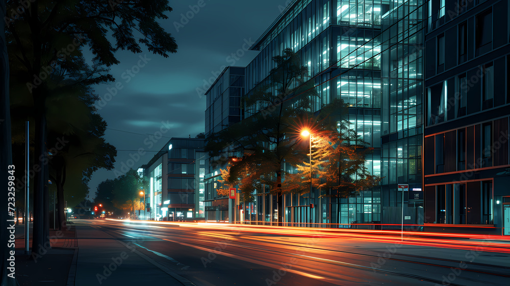 Modern buildings at night in an urban environment