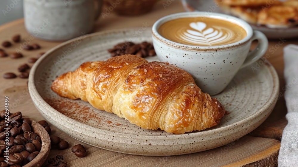  a croissant sits on a plate next to a cup of coffee and a bowl of coffee beans on a table with a plate with a croissant on it.