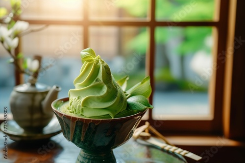 美しい日本風の背景と抹茶アイスクリームのイメージ（緑茶・茶道・庭園）