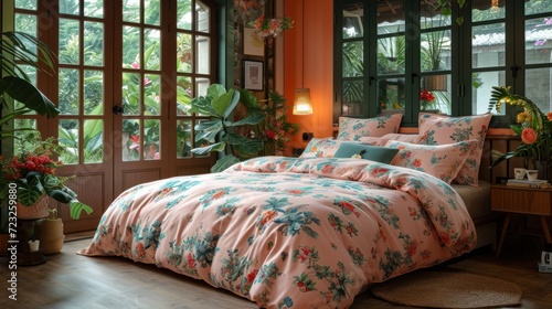  a bed room with a neatly made bed next to a large window with potted plants on either side of the bed and a potted plant on the other side of the bed.