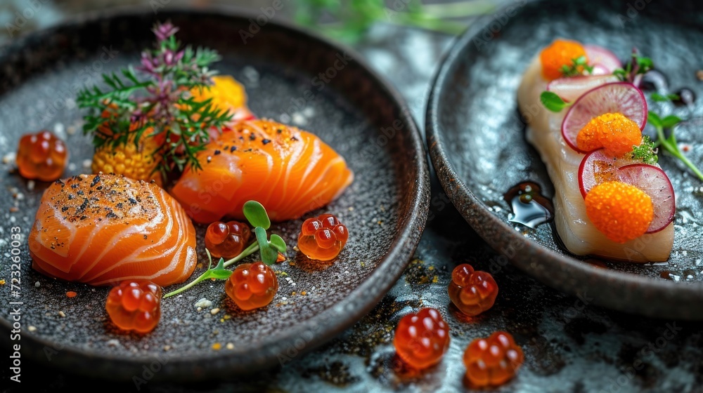 a close up of two plates of food with salmon and radishes on the side of the plate and another plate of food on the other side of the plate. a close up of two plates of food with salmon and radishes on the side of the plate and another plate of food on the other side of the plate.
