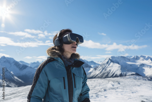 woman stands in awe, a VR headset on, virtually experiencing the serenity of the majestic, snow capped mountain range before her