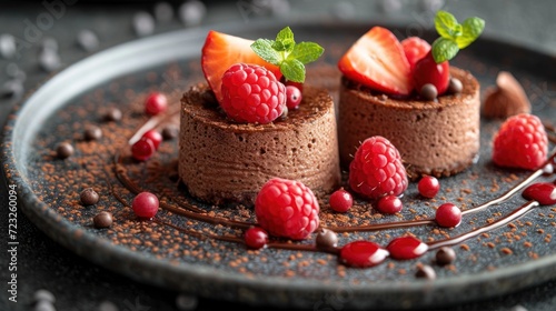  a chocolate dessert with raspberries and chocolate sauce on a plate with chocolate chips and mint sprinkles on the side of the plate is garnished with raspberries and chocolate.