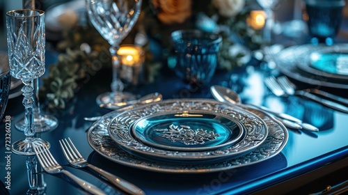  a table set for a formal dinner with a blue table cloth and silver plates and silver utensils, silverware and silverware, and candles, and greenery.