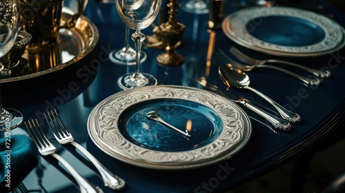  a table topped with a blue table cloth covered in silverware and a plate with a lit candle on top of it next to a plate with silverware on it.