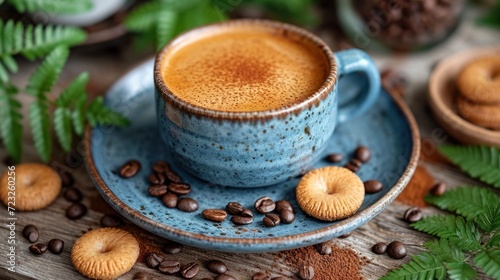  a cup of coffee sitting on top of a blue saucer next to a pile of coffee beans on a wooden table next to green fern leaves and other items.