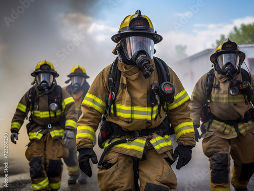 A firefighter team in full gear during training, prepared to quickly respond to emergencies.